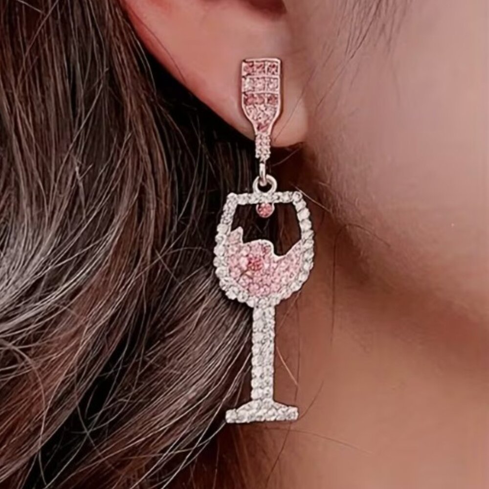 Pink & Silver Rhinestone Champagne Statement Dangle Earrings (NEW & SO CUTE!)